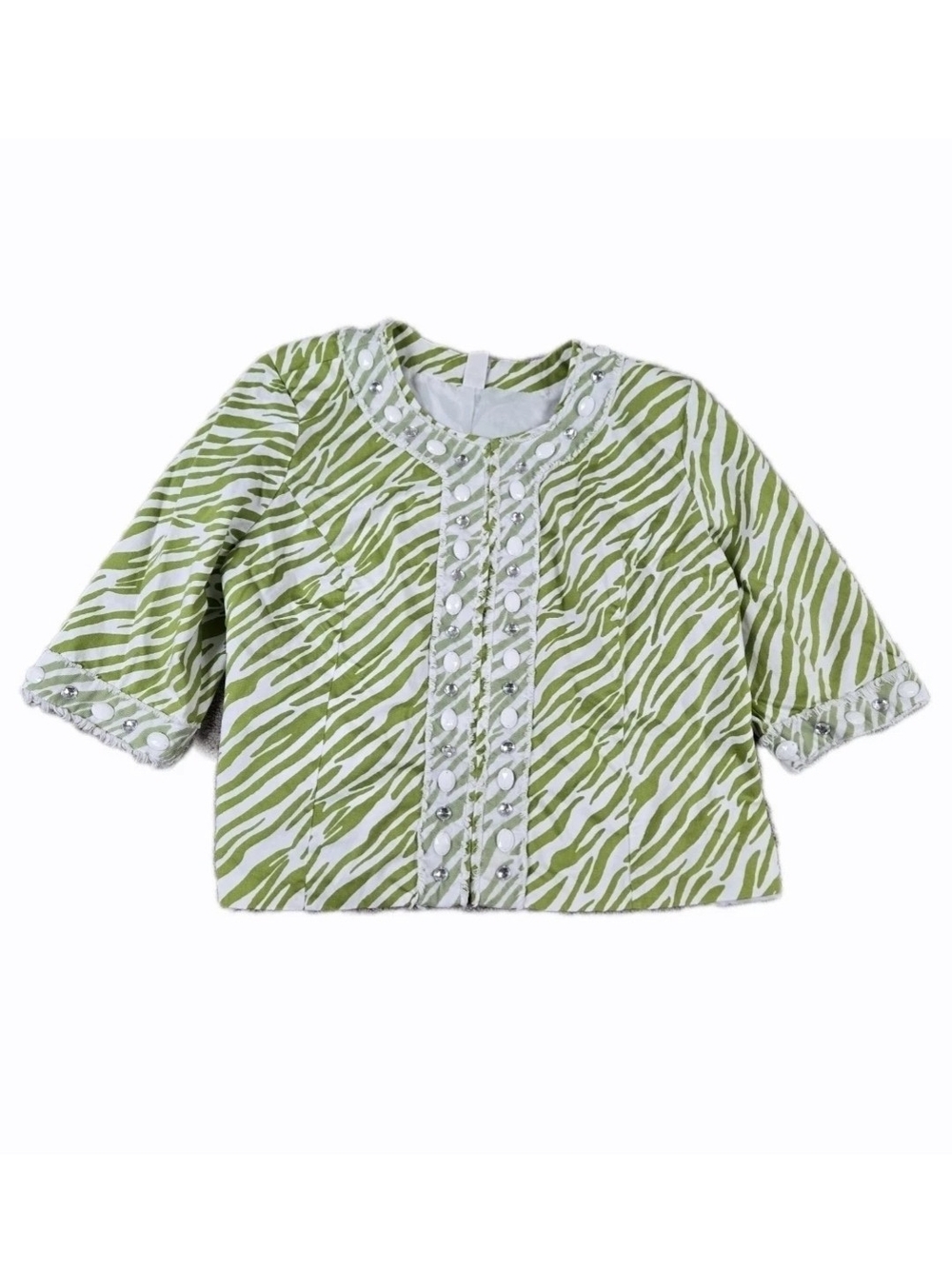 Silkland Jacket Animal Print White Green Breaded 3/4 Sleeve Blazer Plus Size 3X